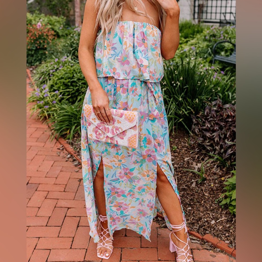 3/$25! NEW!! Emily Wonder Multi Floral Flounce Top Strapless Boutique Maxi Dress - Picture 1 of 9